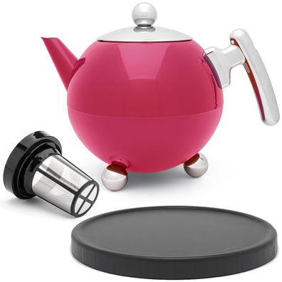 Edelstahl Teekanne 1.2 L Set pink Edelstahlkanne Untersetzer schwarz & Teefilter