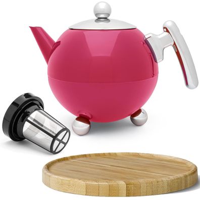 Edelstahl Teekanne 1.2 L Set pink Edelstahlkanne Untersetzer braun & Tee-Filter