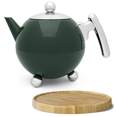 Edelstahl Teekanne 1.2 L grün doppelwandig Edelstahlkanne & Untersetzer braun