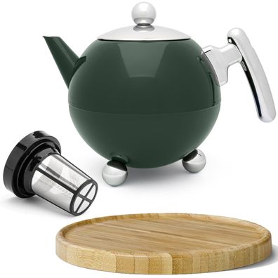 Edelstahl Teekanne 1.2 L Set grün Edelstahlkanne Untersetzer braun & Tee-Filter