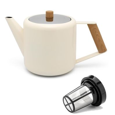 Doppelwandige Teekanne 1.1 Liter Edelstahl creme-weisse Kanne & Tee-Filter-Sieb