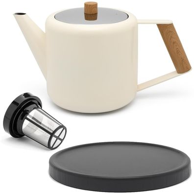Doppelwandige Teekanne 1.1 L creme-weiss Edelstahl Teefilter Untersetzer schwarz