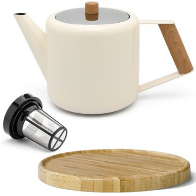 Doppelwandige Teekanne 1.1 L creme-weiss Edelstahl Teefilter & Untersetzer braun