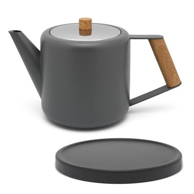 Doppelwandige Teekanne 1.1 Liter grau Edelstahlkanne Kanne & Untersetzer schwarz