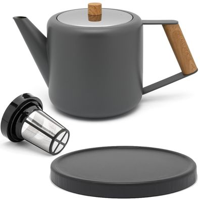 Doppelwandige Teekanne 1.1 Liter grau Edelstahl Teefilter & Untersetzer schwarz