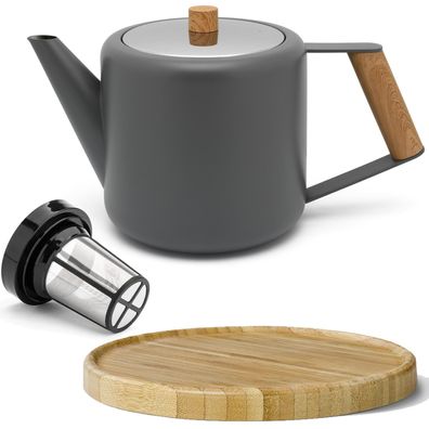 Doppelwandige Teekanne 1.1 Liter grau Edelstahl Teefilter mit Untersetzer braun