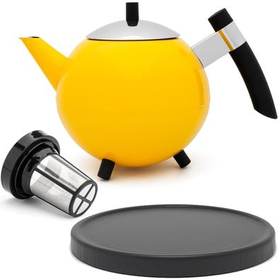 Teekanne 1.2 Liter Edelstahl gelb Edelstahlkanne Tee-Filter Untersetzer schwarz
