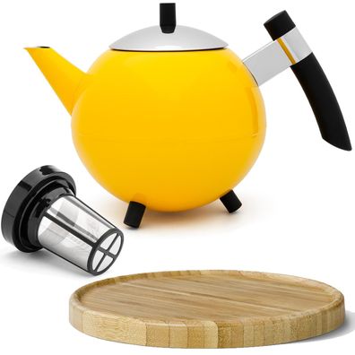 Teekanne 1.2 Liter Edelstahl gelb Edelstahlkanne Tee-Filter & Untersetzer braun