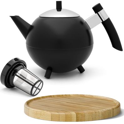 Teekanne 1.2 L Edelstahl schwarz Edelstahlkanne Tee-Filter & Untersetzer braun