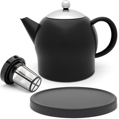 Teekanne 1.4 L Edelstahl schwarz Edelstahlkanne Tee-Filter & Untersetzer schwarz