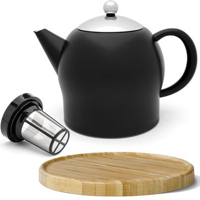 Teekanne 1.4 L Edelstahl schwarz Edelstahlkanne Tee-Filter & Untersetzer braun