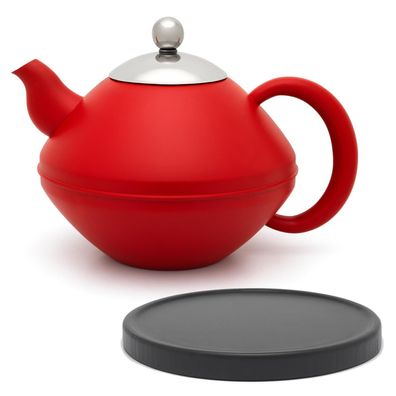 Rote Teekanne 1.4 Liter Teebereiter Edelstahl doppelwandig & Untersetzer schwarz