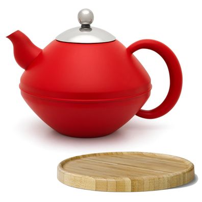 Rote Teekanne 1.4 Liter Teebereiter Edelstahl doppelwandig & Untersetzer braun