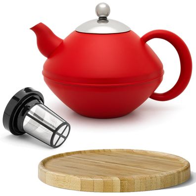 Rote Teekanne 1.4 Liter Edelstahl doppelwandig & Tee-Filter & Untersetzer braun
