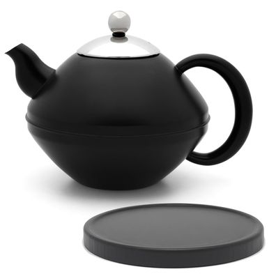 Schwarze Teekanne 1.4 L Teebereiter Edelstahl doppelwandig & Untersetzer schwarz