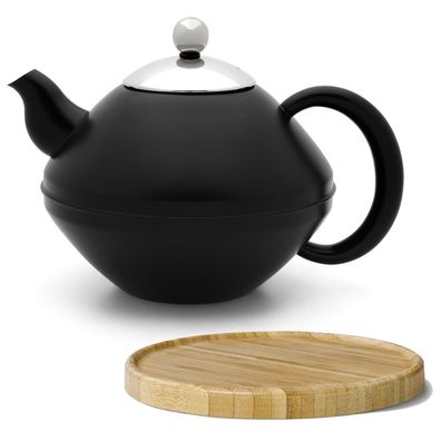 Schwarze Teekanne 1.4 L Teebereiter Edelstahl doppelwandig & Untersetzer braun