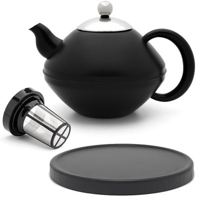 Schwarze Teekanne 1.4 L Edelstahl doppelwandig Tee-Filter & Untersetzer schwarz