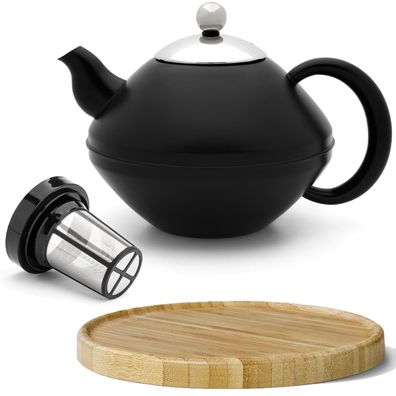 Schwarze Teekanne 1.4 L Edelstahl doppelwandig & Tee-Filter & Untersetzer braun