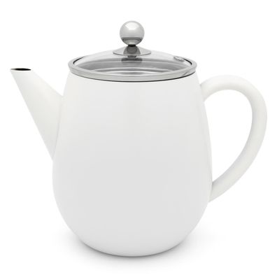 Doppelwandige Teekanne 1.1 Liter weiß Edelstahlkanne Glas-Deckel mit Tee-Filter