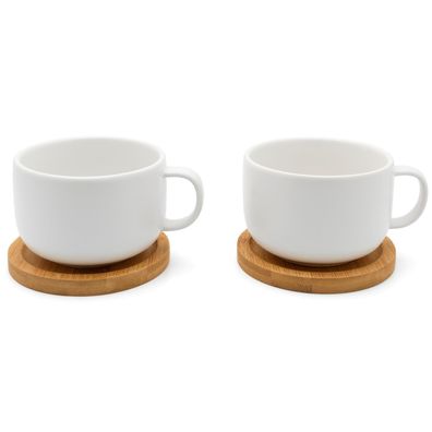 Teetassen Set Keramik 2-teilig weiß Teebecher mit Henkel und 2 Holz-Untersetzer