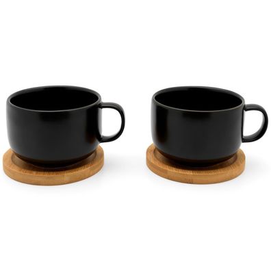 Teetassen Set Keramik 2-teilig schwarz Teebecher mit Henkel & 2 Holz-Untersetzer