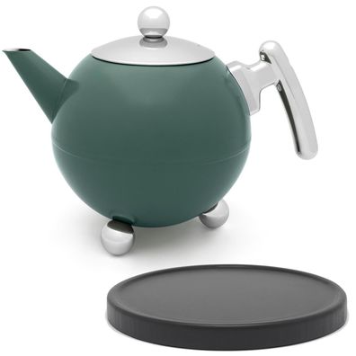 Teekanne 1.2 L grün Edelstahl doppelwandig Kugelkanne Teebereiter & Untersetzer