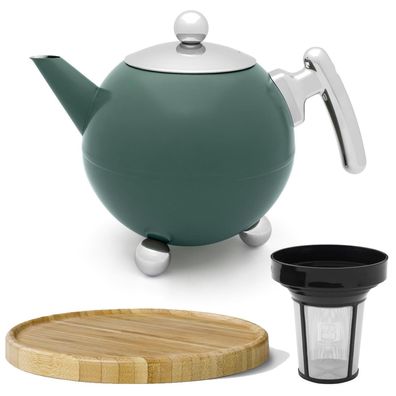 Teekanne doppelwandig Sieb 1.2 L grün Edelstahl Teebereiter & Untersetzer braun