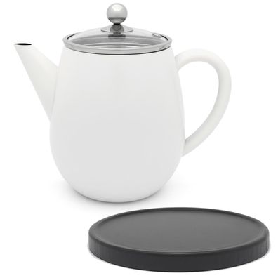 Teekanne doppelwandig 1.1 L Sieb Edelstahl Teekocher weiß & Untersetzer schwarz