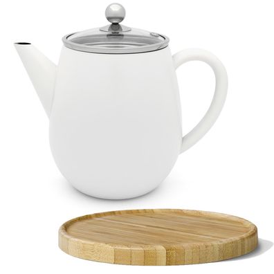 Teekanne doppelwandig 1.1 L Sieb Edelstahl Teekocher weiß & Untersetzer braun