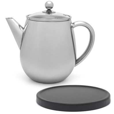 Teekanne doppelwandig 1.1 L Sieb Edelstahl silber Teekocher Untersetzer schwarz