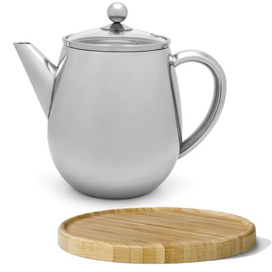 Teekanne doppelwandig 1.1 L Sieb Edelstahl silber Teekocher Untersetzer braun