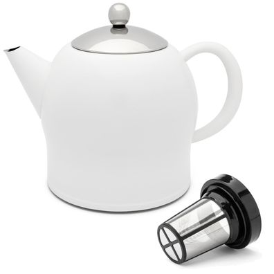 Teekanne doppelwandig 1.4 Liter Sieb Edelstahl Teebereiter matt weiß Teekocher