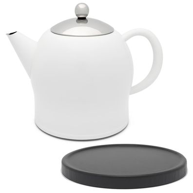 Teekanne doppelwandig Sieb 1.4 L weiß Edelstahl Teebereiter Untersetzer schwarz