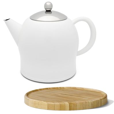 Teekanne doppelwandig Sieb 1.4 L weiß Edelstahl Teebereiter & Untersetzer braun