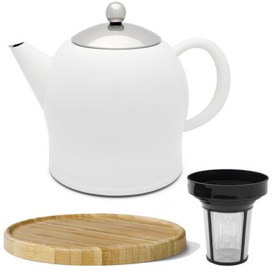 Teekanne doppelwandig 1.4 L Sieb Edelstahl Teebereiter weiß & Untersetzer braun