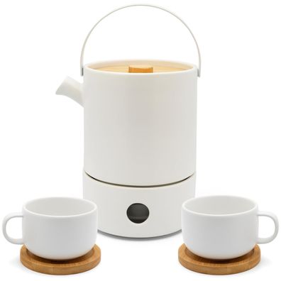 Keramik Teekanne 1.2 Liter Sieb Steingut Kanne weiß mit Stövchen & 2 Tee-Tassen