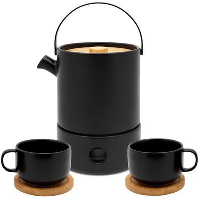 Keramik Teekanne 1.2 Liter Sieb Steingut Kanne schwarz mit Stövchen 2 Tee-Tassen