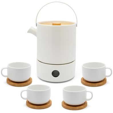 Keramik Teekanne 1.2 Liter Sieb Steingut Kanne weiß mit Stövchen & 4 Tee-Tassen