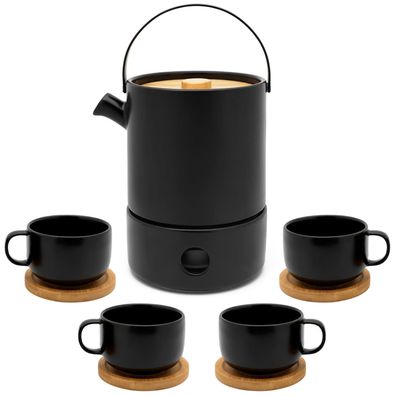Keramik Teekanne 1.2 Liter Sieb Steingut Kanne schwarz mit Stövchen 4 Tee-Tassen