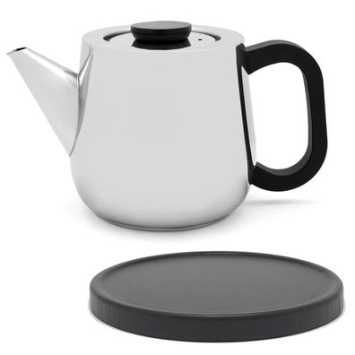 Teekanne Edelstahl mit Sieb 1.0 Liter Teebereiter einwandig Untersetzer schwarz