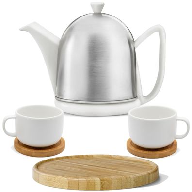Teekanne 1L weiß matt Keramik 2 Teetassen 6tlg Untersetzer Kannenuntersatz braun