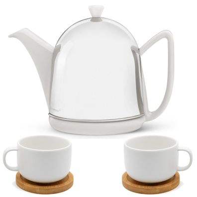 Weiße Teekanne 1 Liter Keramik glänzend 5tlg Steingut & 2 Tassen mit Untersetzer