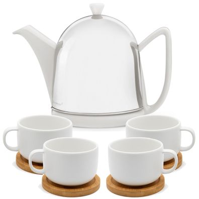 Weiße Teekanne 1 Liter Keramik glänzend 9tlg Steingut & 4 Tassen mit Untersetzer