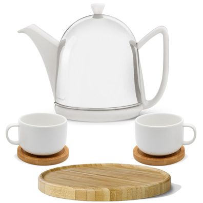 Teekanne 1 L weiß Keramik 2 Teetassen mit Untersetzer 6tlg Kannenuntersatz braun