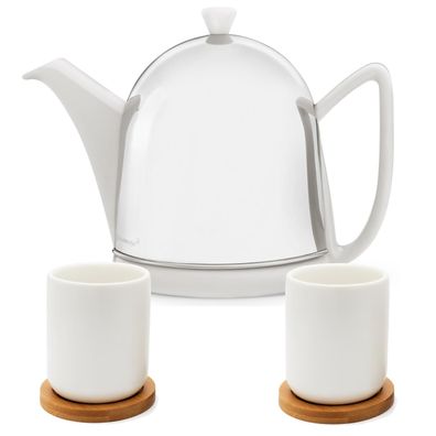 Weiße Teekanne 1 Liter Keramik glänzend 5tlg Steingut & 2 Becher mit Untersetzer