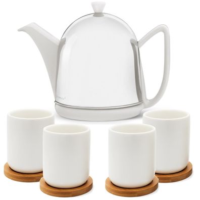 Weiße Teekanne 1 Liter Keramik glänzend 9tlg Steingut & 4 Becher mit Untersetzer