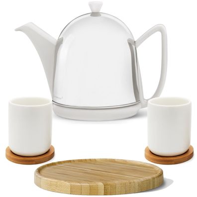 Teekanne 1 L weiß Keramik 2 Teebecher mit Untersetzer 6tlg Kannenuntersatz braun