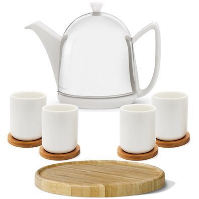 Teekanne 1 L weiß glänzend Keramik 4 Becher & Untersetzer 10tlg. Kannenuntersatz