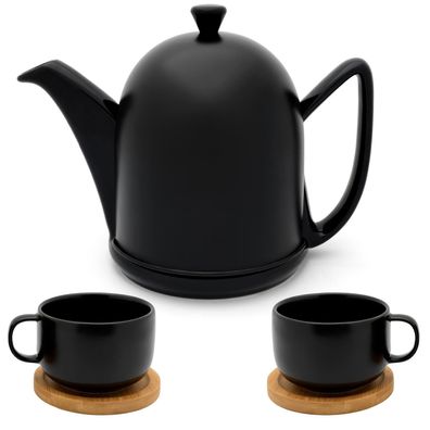 Schwarze Teekanne 1 Liter matt Keramik 5tlg Steingut 2 Teetassen mit Untersetzer