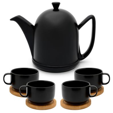 Schwarze Teekanne 1 Liter matt Keramik 9tlg Steingut 4 Teetassen mit Untersetzer